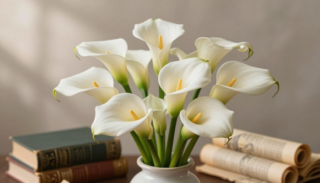 A beautifully arranged still life featuring calla lilies, showcasing their rich symbolism across different historical eras. In the foreground, a vibrant bouquet of white calla lilies, their elegant, trumpet-shaped blooms symbolizing purity and beauty, is displayed in a classic ceramic vase. The middle ground features subtle hints of various historical artifacts, such as ancient scrolls and Victorian-style books, representing their significance in different cultures. The background is softly blurred with a dreamy, ethereal light casting gentle shadows, evoking a sense of timelessness and reverence. The overall atmosphere is serene and contemplative, with a warm color palette that enhances the elegance of the calla lilies. The composition is shot from a slightly elevated angle, giving a comprehensive view of the arrangement while maintaining a focus on the flowers. A beautifully arranged still life featuring calla lilies, showcasing their rich symbolism across different historical eras. In the foreground, a vibrant bouquet of white calla lilies, their elegant, trumpet-shaped blooms symbolizing purity and beauty, is displayed in a classic ceramic vase. The middle ground features subtle hints of various historical artifacts, such as ancient scrolls and Victorian-style books, representing their significance in different cultures. The background is softly blurred with a dreamy, ethereal light casting gentle shadows, evoking a sense of timelessness and reverence. The overall atmosphere is serene and contemplative, with a warm color palette that enhances the elegance of the calla lilies. The composition is shot from a slightly elevated angle, giving a comprehensive view of the arrangement while maintaining a focus on the flowers.