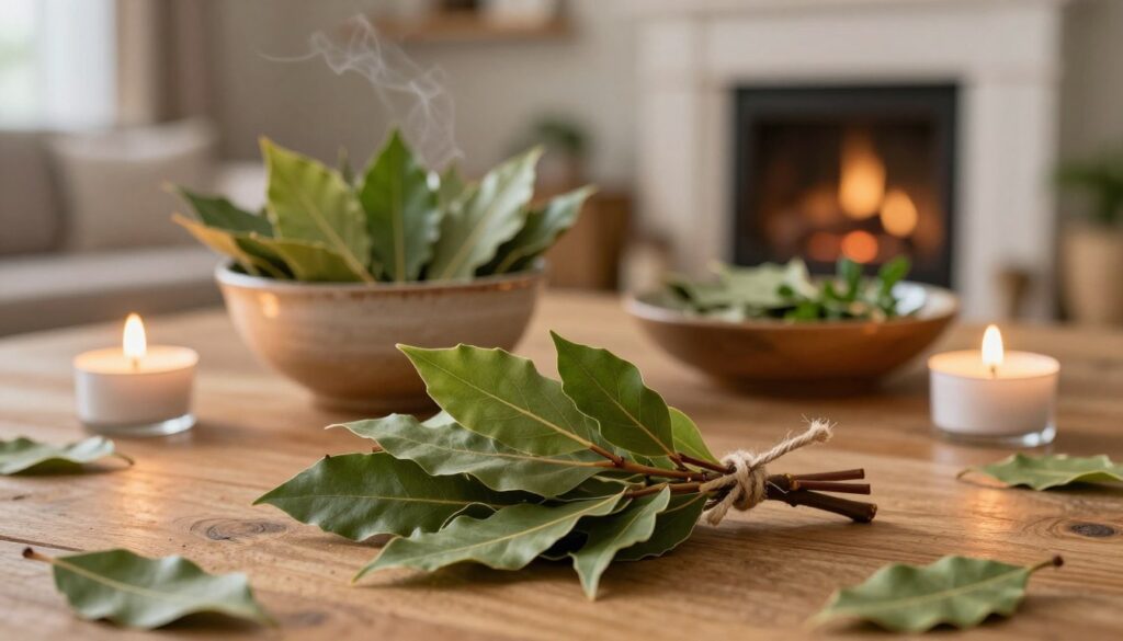 A beautifully arranged still life featuring fresh bay leaves, symbolizing home protection. In the foreground, a small bundle of vibrant green bay leaves tied with twine rests on a textured wooden table. Surrounding the leaves, delicate candles flicker softly, casting warm, inviting light. In the middle ground, a rustic ceramic bowl holds additional bay leaves, and a gentle mist of herbs emanates from behind. The background showcases a cozy home ambiance with soft-focus elements like a fireplace and inviting decor, enhancing the atmosphere of warmth and protection. The lighting is soft and warm, evoking a sense of peace. The angle captures the full arrangement with an inviting perspective that draws the viewer's eye. A beautifully arranged still life featuring fresh bay leaves, symbolizing home protection. In the foreground, a small bundle of vibrant green bay leaves tied with twine rests on a textured wooden table. Surrounding the leaves, delicate candles flicker softly, casting warm, inviting light. In the middle ground, a rustic ceramic bowl holds additional bay leaves, and a gentle mist of herbs emanates from behind. The background showcases a cozy home ambiance with soft-focus elements like a fireplace and inviting decor, enhancing the atmosphere of warmth and protection. The lighting is soft and warm, evoking a sense of peace. The angle captures the full arrangement with an inviting perspective that draws the viewer's eye.