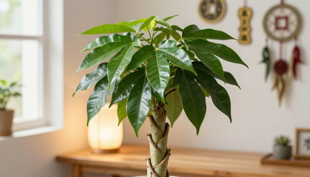 A beautifully detailed Money Tree (Pachira aquatica) in focus, showcasing its lush, green leaves with a glossy texture. The foreground features the tree prominently, its thick, braided trunk adding an element of intrigue. In the middle ground, a softly lit, harmonious indoor environment with a wooden table underneath the tree, complemented by a gentle, warm glow from a nearby lamp. In the background, blurred images of various cultural symbols representing good fortune from around the world, such as a Chinese coin and dreamcatcher, infusing the atmosphere with a sense of global richness and connection. The mood is serene and uplifting, evoking a sense of peace and prosperity. Natural light filters through a nearby window, highlighting the vibrant colors and creating soft shadows. A beautifully detailed Money Tree (Pachira aquatica) in focus, showcasing its lush, green leaves with a glossy texture. The foreground features the tree prominently, its thick, braided trunk adding an element of intrigue. In the middle ground, a softly lit, harmonious indoor environment with a wooden table underneath the tree, complemented by a gentle, warm glow from a nearby lamp. In the background, blurred images of various cultural symbols representing good fortune from around the world, such as a Chinese coin and dreamcatcher, infusing the atmosphere with a sense of global richness and connection. The mood is serene and uplifting, evoking a sense of peace and prosperity. Natural light filters through a nearby window, highlighting the vibrant colors and creating soft shadows.