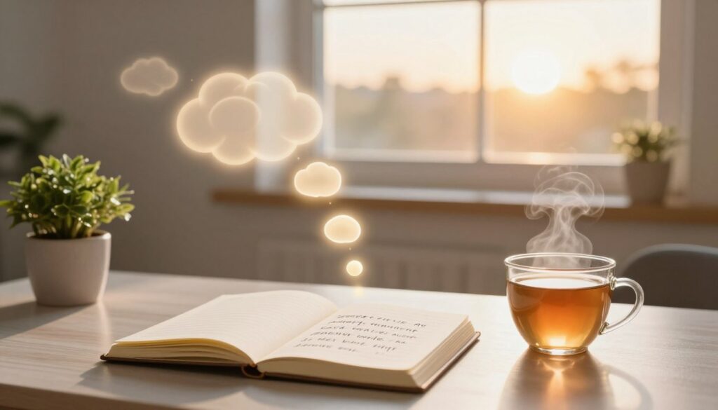 A bright, serene morning scene featuring a cozy, sunlit workspace. In the foreground, a neatly arranged desk with an open journal displaying positive affirmations, a steaming cup of tea, and a small potted plant symbolizing growth. In the middle, an ethereal representation of thoughts flowing gently from the journal, illustrating the concept of positive affirmations affecting the mind; these thoughts can be visualized as soft, glowing orbs radiating warmth and positivity. In the background, a window revealing a vibrant sunrise, casting golden light into the room, enhancing the uplifting mood. The overall atmosphere conveys tranquility, hope, and the power of positive thinking, with a focus on clarity and motivation. Use soft focus on the background for depth, simulating a lens effect that emphasizes the inviting workspace.