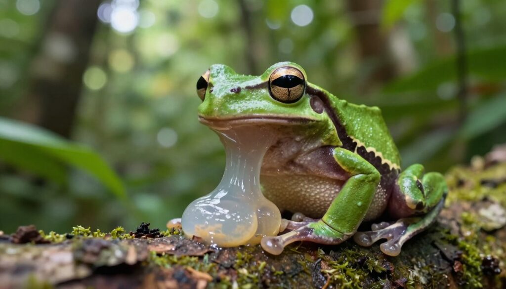 A close-up depiction of the secretion from the Phyllomedusa bicolor, commonly known as the giant leaf frog, contrasted against a textured natural surface, such as tree bark or moss. In the foreground, the viscous and glistening secretion highlights its unique, translucent quality, capturing light in a way that emphasizes its sheen. The background features a lush, green rainforest environment with diffused sunlight filtering through the leaves, creating a serene atmosphere. The angle should be slightly tilted to offer a dynamic view of the secretion, while maintaining clarity in detail. The overall mood is tranquil yet intriguing, inviting curiosity about the natural properties of the substance. Use soft, natural lighting to enhance the vibrant colors and textures. A close-up depiction of the secretion from the Phyllomedusa bicolor, commonly known as the giant leaf frog, contrasted against a textured natural surface, such as tree bark or moss. In the foreground, the viscous and glistening secretion highlights its unique, translucent quality, capturing light in a way that emphasizes its sheen. The background features a lush, green rainforest environment with diffused sunlight filtering through the leaves, creating a serene atmosphere. The angle should be slightly tilted to offer a dynamic view of the secretion, while maintaining clarity in detail. The overall mood is tranquil yet intriguing, inviting curiosity about the natural properties of the substance. Use soft, natural lighting to enhance the vibrant colors and textures.