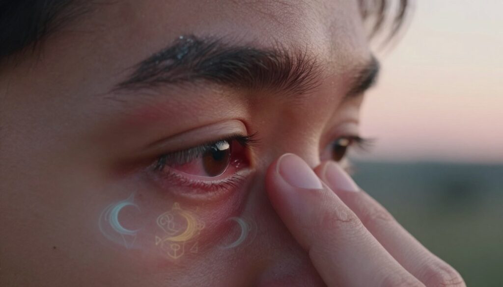 A close-up image focusing on a human eye showing signs of irritation and itchiness, conveying the sensation of eye itching. The foreground highlights the eye with redness and a hand gently touching the eyelid, suggestive of discomfort. In the middle ground, subtle hints of mysticism such as swirling soft colors or ethereal symbols representing omens and predictions of future events. The background features a dreamy blurred landscape, possibly a sunset or dawn, to evoke a sense of anticipation and mystery. The lighting is soft and warm, creating an inviting yet intriguing atmosphere. The angle is slightly tilted, enhancing the feeling of unease, while keeping a professional and artistic approach. Aim for a balanced composition with an emphasis on the eye and its expressions.
