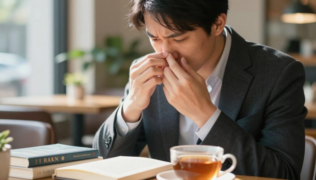 A close-up image of a person gently touching their nose, conveying a sense of mild discomfort. The person is dressed in smart casual clothing, sitting at a well-lit café table filled with books and a warm cup of tea, symbolizing reflection and thought. In the background, soft-focus elements like plants and a window showing a sunny day create a tranquil atmosphere. Natural light filters in, casting soft shadows and highlighting the person's facial expression, subtly showcasing a puzzled look. The overall mood should be introspective and thoughtful, inviting viewers to consider the cultural significance of a "itchy nose" while maintaining a clean and professional presentation. A close-up image of a person gently touching their nose, conveying a sense of mild discomfort. The person is dressed in smart casual clothing, sitting at a well-lit café table filled with books and a warm cup of tea, symbolizing reflection and thought. In the background, soft-focus elements like plants and a window showing a sunny day create a tranquil atmosphere. Natural light filters in, casting soft shadows and highlighting the person's facial expression, subtly showcasing a puzzled look. The overall mood should be introspective and thoughtful, inviting viewers to consider the cultural significance of a "itchy nose" while maintaining a clean and professional presentation.