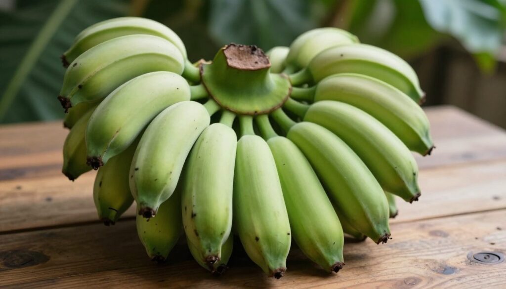A close-up of a bunch of green bananas, showcasing their smooth, unripe texture and vibrant color. The bananas are arranged on a rustic wooden table with soft, natural light illuminating them, creating a warm and inviting atmosphere. In the background, there are hints of lush green foliage to symbolize growth and patience. A gentle focus depth draws attention to the bananas in the foreground while softly blurring the background, adding a layer of depth. The overall mood is calm and reflective, highlighting the significance of waiting for the bananas to ripen, paralleling the theme of patience in action. A close-up of a bunch of green bananas, showcasing their smooth, unripe texture and vibrant color. The bananas are arranged on a rustic wooden table with soft, natural light illuminating them, creating a warm and inviting atmosphere. In the background, there are hints of lush green foliage to symbolize growth and patience. A gentle focus depth draws attention to the bananas in the foreground while softly blurring the background, adding a layer of depth. The overall mood is calm and reflective, highlighting the significance of waiting for the bananas to ripen, paralleling the theme of patience in action.