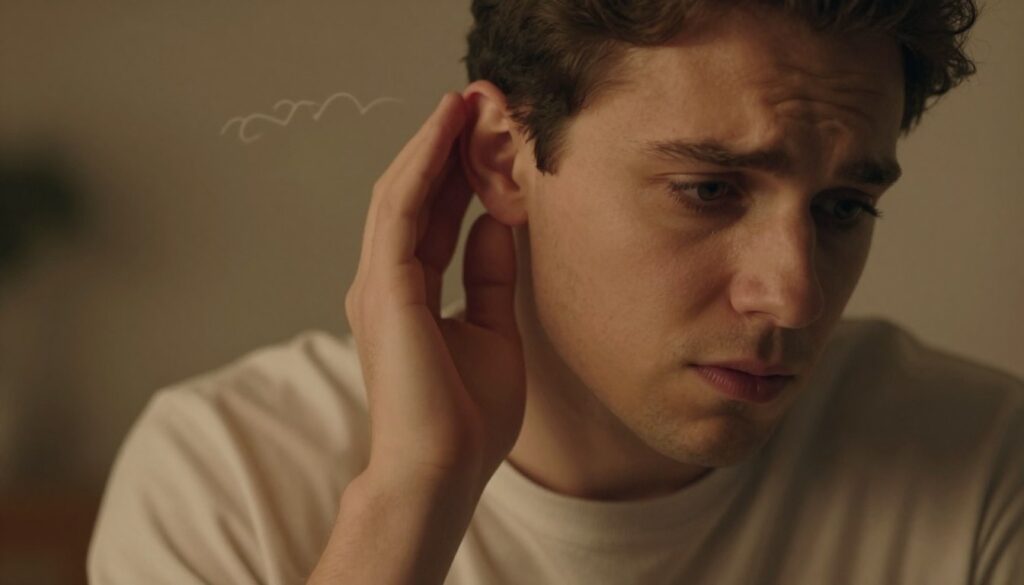A close-up of a person gently touching their left ear, with a concerned and curious expression on their face. The background is softly blurred to emphasize the subject, featuring warm, ambient lighting that creates a cozy yet intriguing atmosphere. The individual is casually dressed in a soft, plain shirt, reflecting a relatable, everyday mood. Highlight subtle visual elements that suggest the concept of gossip, such as faint, abstract shapes in the backdrop that resemble whispers or sound waves. The angle should be slightly tilted downward, focusing on the ear, capturing the warmth of the moment while evoking the feeling of curiosity and superstition associated with the expression "lewe ucho piecze." A close-up of a person gently touching their left ear, with a concerned and curious expression on their face. The background is softly blurred to emphasize the subject, featuring warm, ambient lighting that creates a cozy yet intriguing atmosphere. The individual is casually dressed in a soft, plain shirt, reflecting a relatable, everyday mood. Highlight subtle visual elements that suggest the concept of gossip, such as faint, abstract shapes in the backdrop that resemble whispers or sound waves. The angle should be slightly tilted downward, focusing on the ear, capturing the warmth of the moment while evoking the feeling of curiosity and superstition associated with the expression "lewe ucho piecze."