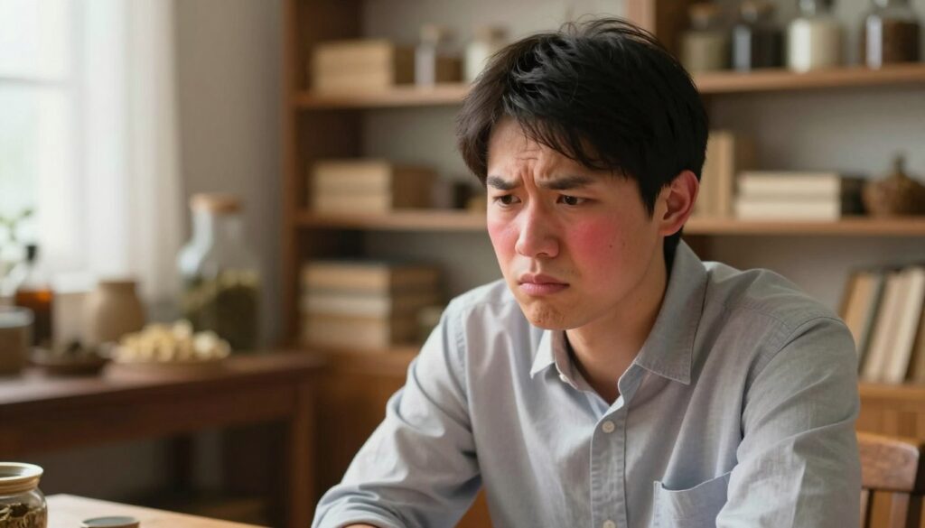 A close-up of a person sitting at a wooden table, looking puzzled with a furrowed brow. Their cheeks are flushed, suggesting a physiological reaction, while their ears are slightly pink. In the background, a soft-focus depiction of a cozy, warmly lit room filled with shelves of books and herbal remedies, hinting at traditional wisdom. The lighting is soft and warm, evoking a sense of contemplation and introspection. A hint of natural light streams in from a window, creating a calm atmosphere. The subject is dressed in a modest, professional outfit, such as a crisp shirt. The overall mood is thoughtful, reflecting the intersection of superstition and rationality.