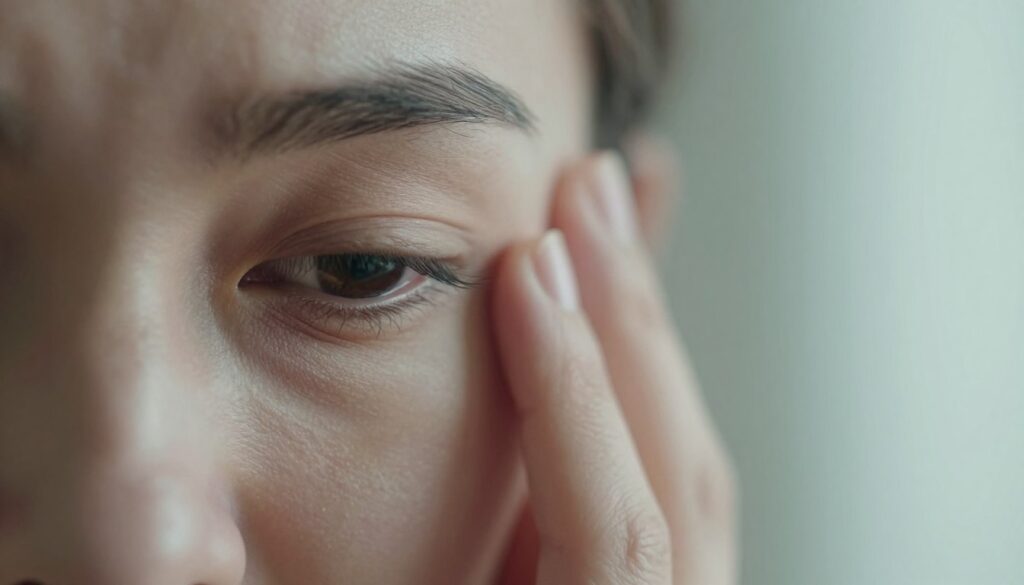 A close-up of a person's left eye, showcasing a subtle yet expressive wince, indicating a slight irritation or discomfort. The foreground features delicate details of the eye, emphasizing the lashes and the glistening surface of the iris. In the middle ground, there is a gentle hand partially holding the face, symbolizing the human experience of physical symptoms. The background is softly blurred, incorporating calming pastel colors that convey a sense of contemplation and introspection. Natural light filters in from the side, creating soft shadows and highlights, enhancing the emotional depth of the scene. The overall mood is introspective and slightly mysterious, inviting the viewer to ponder the significance behind physical sensations.
