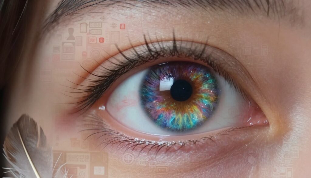 A close-up of a right eye with a whimsical twist, showcasing vibrant, swirling colors reflecting emotions associated with superstitions. The eye should glisten as if touched by sparkles, emphasizing its significance in folklore. In the foreground, include subtle hints of traditional symbols, like a small feather or a piece of string, to suggest luck and omens. The middle ground should feature a backdrop of a stylized urban environment, where memes and cultural references blend seamlessly, perhaps with faint outlines of digital devices or social media icons. The atmosphere is playful yet thoughtful, illuminated by soft, diffused lighting that casts gentle shadows, creating a surreal yet inviting visual. Capture the scene from a slight angle to add depth, ensuring all elements harmonize beautifully without text or distractions.