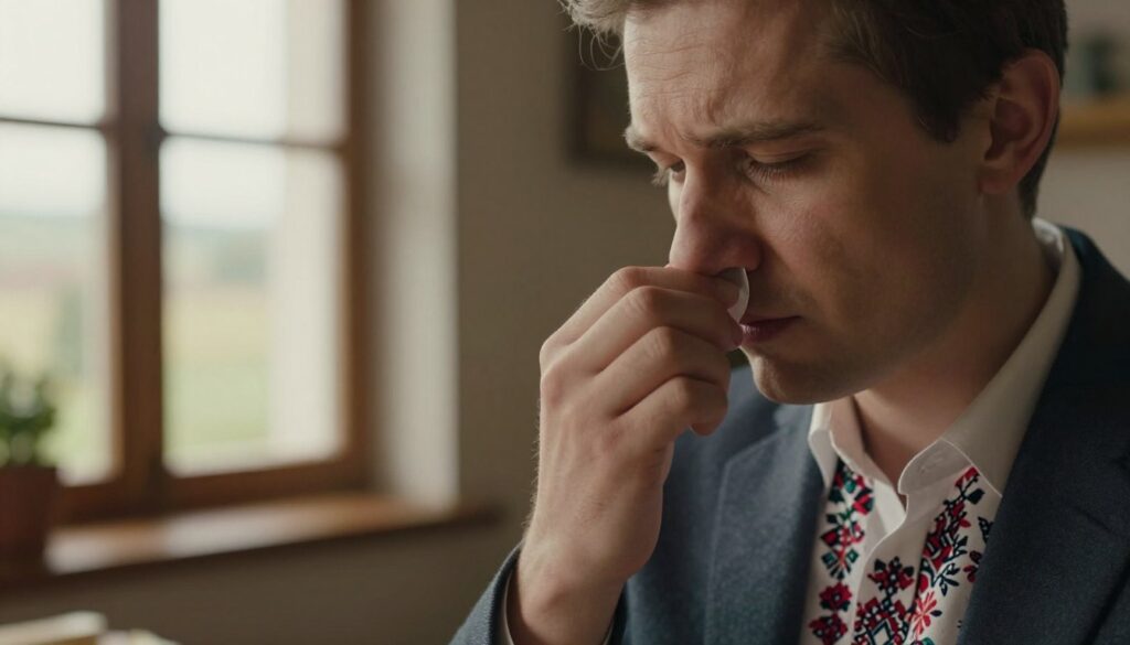 A close-up of an elegant, culturally rich setting showcasing a person's hand gently touching their nose, symbolizing the act of nose itching. The individual, dressed in smart casual attire, wears a thoughtful expression, conveying a blend of curiosity and superstition. In the foreground, highlight traditional Polish symbols, such as folk patterns or subtle imagery related to folklore. The middle background should feature soft, warm lighting filtering through a traditional Polish window, casting gentle shadows that create a cozy atmosphere. In the distant background, hint at a beautiful Polish landscape, enhancing the cultural context. The mood of the image is introspective and enlightening, inviting the viewer to reflect on the meanings associated with nose itching in Polish culture. A close-up of an elegant, culturally rich setting showcasing a person's hand gently touching their nose, symbolizing the act of nose itching. The individual, dressed in smart casual attire, wears a thoughtful expression, conveying a blend of curiosity and superstition. In the foreground, highlight traditional Polish symbols, such as folk patterns or subtle imagery related to folklore. The middle background should feature soft, warm lighting filtering through a traditional Polish window, casting gentle shadows that create a cozy atmosphere. In the distant background, hint at a beautiful Polish landscape, enhancing the cultural context. The mood of the image is introspective and enlightening, inviting the viewer to reflect on the meanings associated with nose itching in Polish culture.