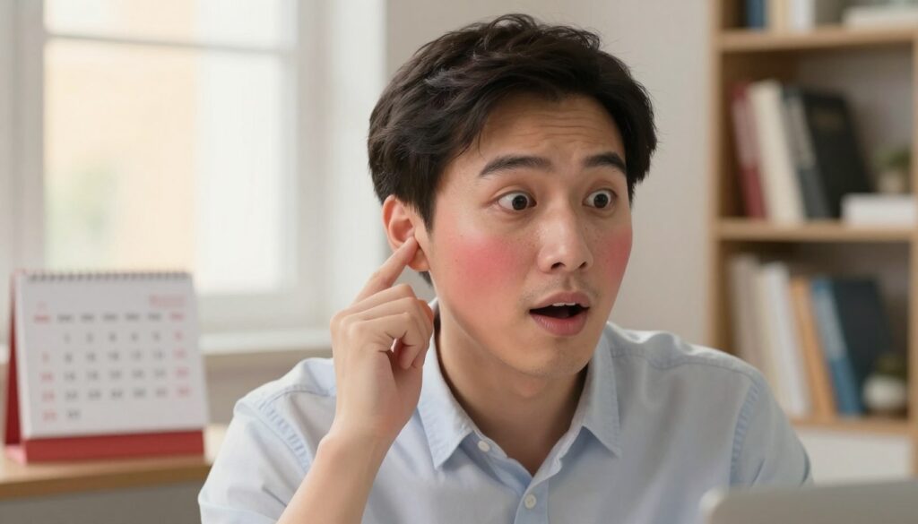 A close-up shot of a professional person sitting in a well-lit office environment, looking intrigued as they touch their ear with one hand, displaying a vivid expression of curiosity and surprise. The scene captures the nuances of their flushed cheeks and ears, giving a visual cue to the folklore associated with "burning ears." In the background, subtle elements like a calendar showing different days of the week and a bookshelf filled with texts on cultural beliefs enhance the context. Soft, warm lighting filters through a window, creating an inviting atmosphere that encourages reflection on the significance of cultural superstitions. The focal length is set to create a shallow depth of field, softening the background while highlighting the subject’s facial features and their interaction with the concept of “pieczające uszy.”