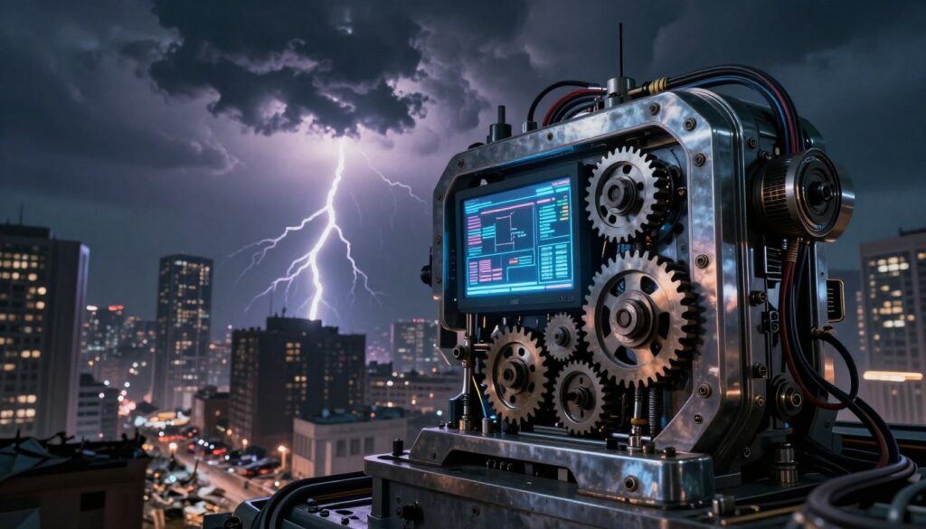 A complex and intricate machine at the forefront, showcasing gears, wires, and screens glowing with data. The machine exudes a sense of advanced technology, with a futuristic, metallic finish reflecting nearby light. In the middle ground, a dramatic landscape of a city with skyscrapers is subtly visible, hinting at a recent natural disaster, debris scattered across the streets. The background features dark storm clouds gathering, with flashes of lightning illuminating the scene, creating an ominous atmosphere. The lighting is moody and dramatic, with a focus on highlighting the machine's details against the chaotic backdrop. Capture a sense of foreboding and tension, as if this machine is both a marvel of technology and a harbinger of unforeseen events.