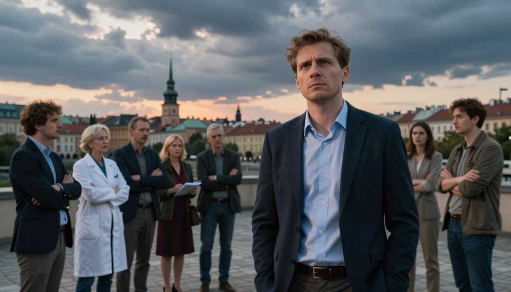 A contested figure stands in the foreground, a male psychic dressed in modest business attire, gazing thoughtfully into the distance. His expression reflects a mix of confidence and uncertainty, embodying the skepticism surrounding his predictions. In the middle ground, a diverse group of skeptical individuals, including journalists, scientists, and everyday citizens, engage in animated discussion, some crossing their arms while others take notes, creating a dynamic exchange of opinions. The background showcases a cityscape of Poland, merging historical and modern architecture under a dramatic dusk sky filled with swirling clouds, casting a mystic glow on the scene. The ambiance evokes tension and curiosity, with soft lighting highlighting the contrasts between belief and doubt. Shot with a slightly wide-angle lens, the image captures a sense of depth and interaction among the characters.