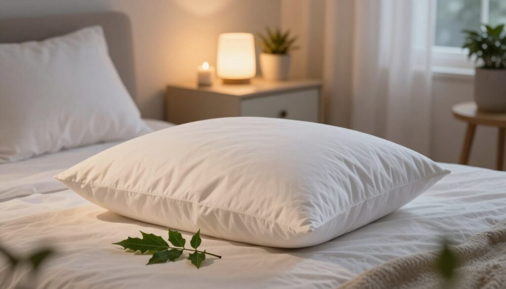 A cozy bedroom scene illuminated by soft, warm lighting. In the foreground, a plush white pillow rests atop a neatly made bed, partially revealing a single laurel leaf nestled beneath it. The leaf's vibrant green contrasts beautifully with the pillow's fabric, hinting at its symbolism of protection and energy. In the middle, a tasteful bedside table is adorned with a small, glowing lamp and a few calming decorative elements like a candle and a potted plant. In the background, soft curtains flutter gently with a breeze, filtering in the cool night air, enhancing a sense of tranquility. The atmosphere is peaceful and soothing, conveying the idea of restful sleep and rejuvenation, perfect for promoting positive energy in the home. The scene is shot from a slightly elevated angle, inviting the viewer into this serene, restful space. A cozy bedroom scene illuminated by soft, warm lighting. In the foreground, a plush white pillow rests atop a neatly made bed, partially revealing a single laurel leaf nestled beneath it. The leaf's vibrant green contrasts beautifully with the pillow's fabric, hinting at its symbolism of protection and energy. In the middle, a tasteful bedside table is adorned with a small, glowing lamp and a few calming decorative elements like a candle and a potted plant. In the background, soft curtains flutter gently with a breeze, filtering in the cool night air, enhancing a sense of tranquility. The atmosphere is peaceful and soothing, conveying the idea of restful sleep and rejuvenation, perfect for promoting positive energy in the home. The scene is shot from a slightly elevated angle, inviting the viewer into this serene, restful space.