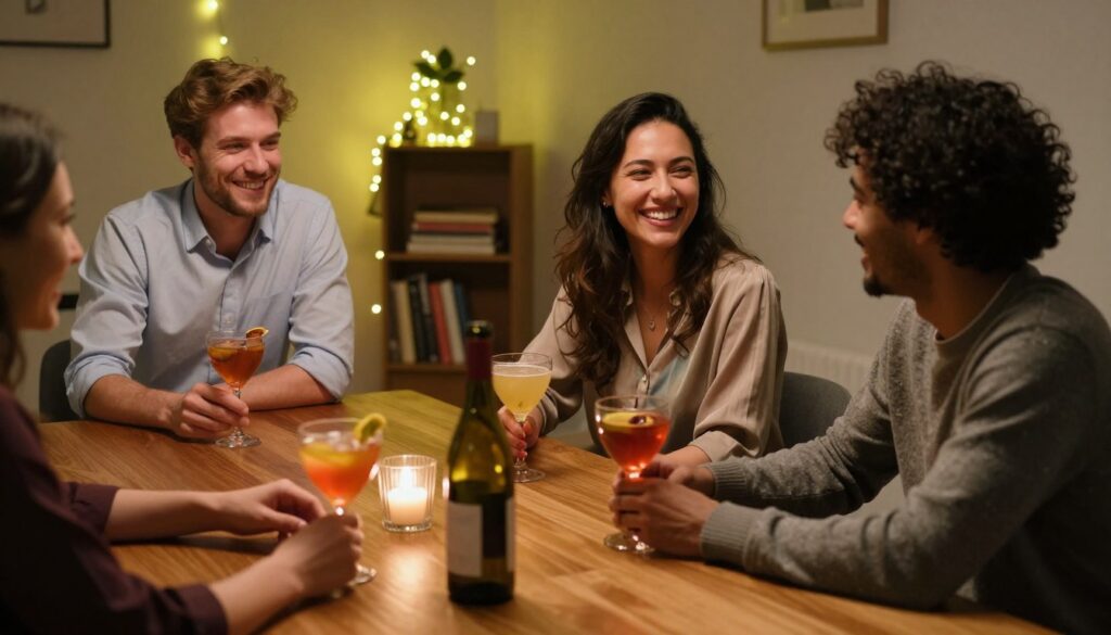 A cozy gathering scene depicting friends enjoying drinks together in a warmly lit room. In the foreground, a polished wooden table is set with elegant glasses half-filled with colorful cocktails, and an open bottle of wine. In the middle, a diverse group of three friends—a man in a smart shirt, a woman in a stylish blouse, and another friend in a casual sweater—are engaged in laughter and conversation, their expressions conveying warmth and camaraderie. In the background, soft fairy lights twinkle, casting a gentle glow, and a small bookshelf filled with books adds a comforting touch. The atmosphere is relaxed and inviting, emphasizing the emotional significance of drinking in company rather than solitude. The image is captured from a slightly elevated angle, enhancing the sense of intimacy.