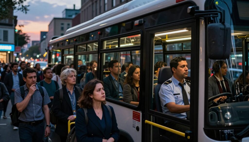 A crowded city bus, seen from the side, is depicted on a bustling street. The bus driver, wearing a neat, professional uniform, is focused on driving, while some passengers, dressed in smart casual attire, look either anxious or lost in thought. The foreground captures the bus and its diverse passengers, creating a sense of urgency and anticipation. In the middle ground, we see city buildings and fading storefronts, highlighting the theme of a journey with limited control. The background features a dusky sky with hints of twilight, casting a melancholic yet vibrant glow, emphasizing the unpredictability of travel. Use a shallow depth of field to blur the background slightly, while strong, warm lighting creates a feeling of introspection and unease in the atmosphere. A crowded city bus, seen from the side, is depicted on a bustling street. The bus driver, wearing a neat, professional uniform, is focused on driving, while some passengers, dressed in smart casual attire, look either anxious or lost in thought. The foreground captures the bus and its diverse passengers, creating a sense of urgency and anticipation. In the middle ground, we see city buildings and fading storefronts, highlighting the theme of a journey with limited control. The background features a dusky sky with hints of twilight, casting a melancholic yet vibrant glow, emphasizing the unpredictability of travel. Use a shallow depth of field to blur the background slightly, while strong, warm lighting creates a feeling of introspection and unease in the atmosphere.