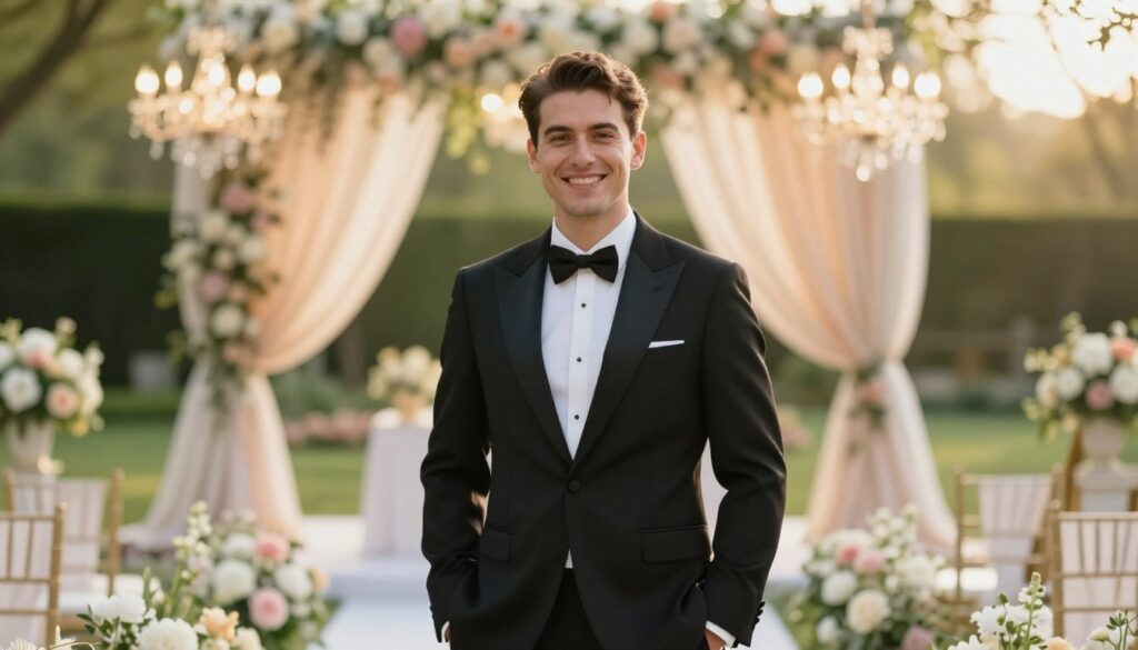 A dapper groom stands confidently in the foreground, dressed in a classic black tuxedo with a white shirt and a black bow tie, showcasing an air of elegance and sophistication. His hair is neatly styled, and he has a warm, inviting smile. In the middle ground, a beautifully arranged wedding venue with floral decorations and soft drapery creates a romantic ambiance, while gleaming chandeliers illuminate the scene with a soft golden light. The background features a picturesque outdoor garden with lush greenery and blooming flowers, hinting at a spring wedding. The sun casts a gentle glow, accentuating the joyful atmosphere, evoking feelings of hope and new beginnings as the groom prepares for his special day. The image has a professional aesthetic, captured with a slight depth of field to keep the focus on the groom.