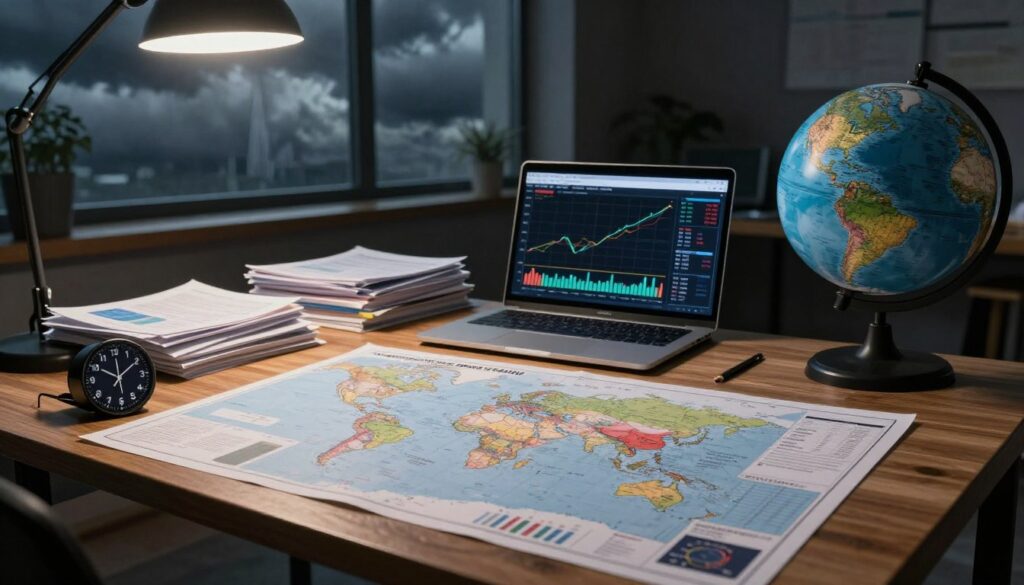 A detailed visualization of a global conflict analysis workspace set in a dimly lit room. In the foreground, a large wooden table covered with maps, charts, and a digital clock showing various world time zones, symbolizing different conflict predictions. The middle ground features a modern laptop displaying analytical graphs, alongside a stack of reports and a globe highlighting conflict zones. In the background, a large window reveals a stormy sky, creating an ominous atmosphere. Soft overhead lighting casts dramatic shadows, emphasizing the seriousness of the subject, while an analytical tone fills the air. The room is tidy yet cluttered with professional tools of investigation, inviting contemplation on the potential timelines of a global conflict.