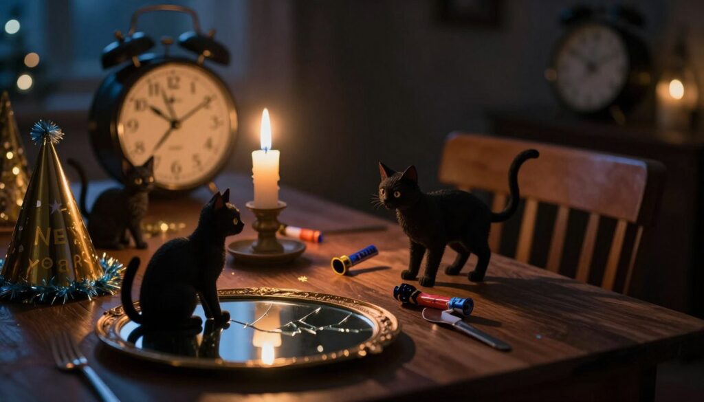 A dimly lit New Year’s Eve table set for festivities, with an emphasis on avoidance symbols. In the foreground, a broken mirror reflects a faint light, symbolizing bad luck; black cat figurines are placed thoughtfully near party hats and noisemakers, invoking superstitions. In the middle ground, a candle flickers ominously, casting shadows over an empty chair that is intentionally turned away from the table. In the background, a clock shows the final minutes of the year, hinting at the impending transition. The overall atmosphere should feel suspenseful yet traditional, with warm golden and deep blue hues, capturing a sense of caution mixed with celebration. Soft bokeh lighting adds a dreamy effect, enhancing the foreboding mood without being overly dark. A dimly lit New Year’s Eve table set for festivities, with an emphasis on avoidance symbols. In the foreground, a broken mirror reflects a faint light, symbolizing bad luck; black cat figurines are placed thoughtfully near party hats and noisemakers, invoking superstitions. In the middle ground, a candle flickers ominously, casting shadows over an empty chair that is intentionally turned away from the table. In the background, a clock shows the final minutes of the year, hinting at the impending transition. The overall atmosphere should feel suspenseful yet traditional, with warm golden and deep blue hues, capturing a sense of caution mixed with celebration. Soft bokeh lighting adds a dreamy effect, enhancing the foreboding mood without being overly dark.