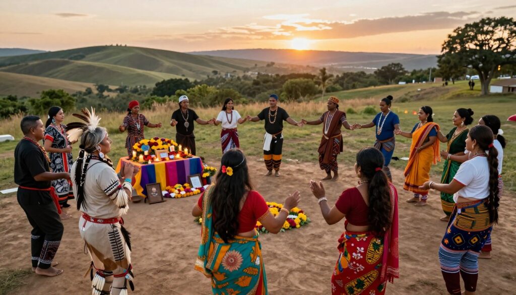A diverse gathering of people from various cultures participating in unique funeral customs, showcasing their lively, respectful traditions. In the foreground, a circle of individuals dressed in traditional attire — a Native American in feathers, a South Asian in vibrant sari, and an African wearing beautiful tribal patterns, all engaged in a ceremonial dance. The middle section features a colorful altar adorned with flowers, candles, and personal mementos, symbolizing love and remembrance. In the background, a serene landscape with rolling hills and a soft sunset casts warm golden light, enhancing the tranquil atmosphere. The overall scene conveys a rich tapestry of cultural beliefs surrounding death and mourning, encouraging reflection on the beauty of diverse traditions. Capture this moment with a slightly elevated angle to emphasize the group dynamic and colorful details.