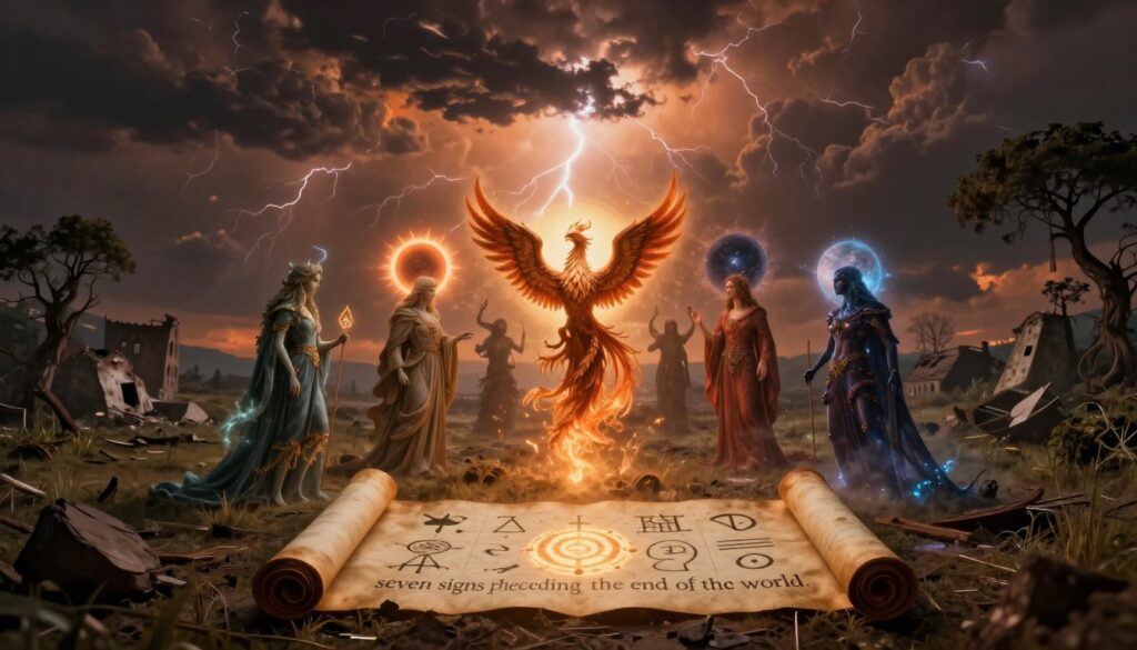 A dramatic, apocalyptic scene illustrating "seven signs preceding the end of the world." In the foreground, a mystical prophecy scroll unfurls, revealing ancient symbols glowing ominously. Surrounding the scroll, a circle of seven ethereal figures, each representing a sign. One figure holds a phoenix, another features a darkened sun, while others include natural disasters, creatures of myth, and celestial phenomena. The middle ground shows a turbulent sky filled with dark clouds and lightning, cast in an eerie orange glow. In the background, a crumbling landscape of abandoned buildings and wilting trees under a darkened horizon. The atmosphere is charged with tension, suggesting impending doom, captured in dramatic lighting reminiscent of a wide-angle lens. Aim for a somber and foreboding mood, evoking a sense of urgency and mystique.