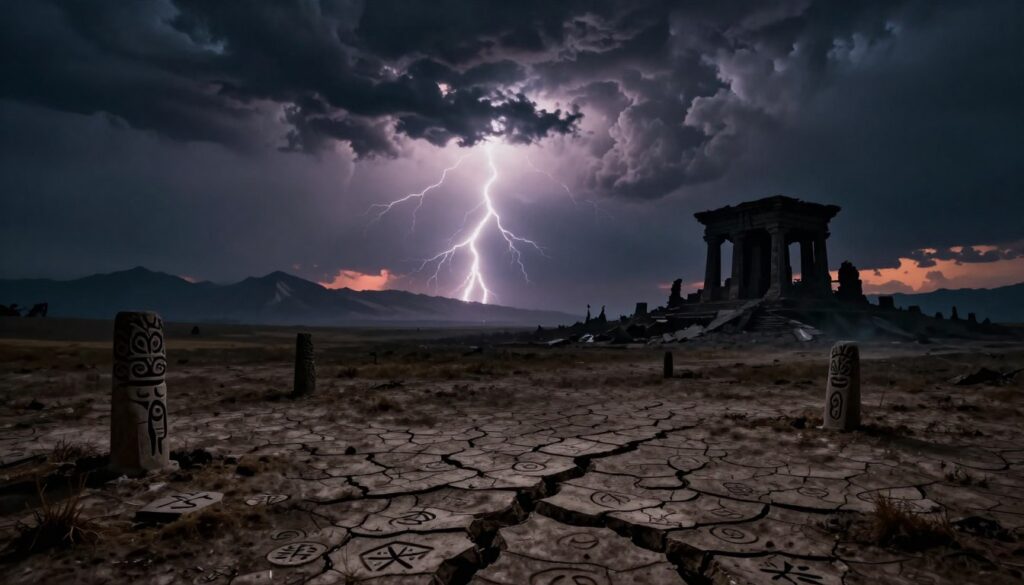 A dramatic landscape depicting ominous signs of the apocalypse inspired by ancient prophecies. In the foreground, a cracked barren earth with darkened soil symbolizes devastation. Scattered across the ground are unusual symbols and totems, hinting at ancient knowledge. In the middle ground, a sky engulfed in swirling storm clouds glows with lightning, casting eerie, flickering shadows. Glimpses of distant mountains are silhouetted against a foreboding sunset, enhancing the dread. In the background, a dark silhouette of a crumbling ancient structure stands as a relic of a lost civilization, hinting at forgotten wisdom. The lighting is moody and atmospheric, emphasizing shadows and creating a sense of foreboding. The overall mood is tense and thought-provoking, capturing the essence of an impending doom resonant with ancient warnings. A dramatic landscape depicting ominous signs of the apocalypse inspired by ancient prophecies. In the foreground, a cracked barren earth with darkened soil symbolizes devastation. Scattered across the ground are unusual symbols and totems, hinting at ancient knowledge. In the middle ground, a sky engulfed in swirling storm clouds glows with lightning, casting eerie, flickering shadows. Glimpses of distant mountains are silhouetted against a foreboding sunset, enhancing the dread. In the background, a dark silhouette of a crumbling ancient structure stands as a relic of a lost civilization, hinting at forgotten wisdom. The lighting is moody and atmospheric, emphasizing shadows and creating a sense of foreboding. The overall mood is tense and thought-provoking, capturing the essence of an impending doom resonant with ancient warnings.