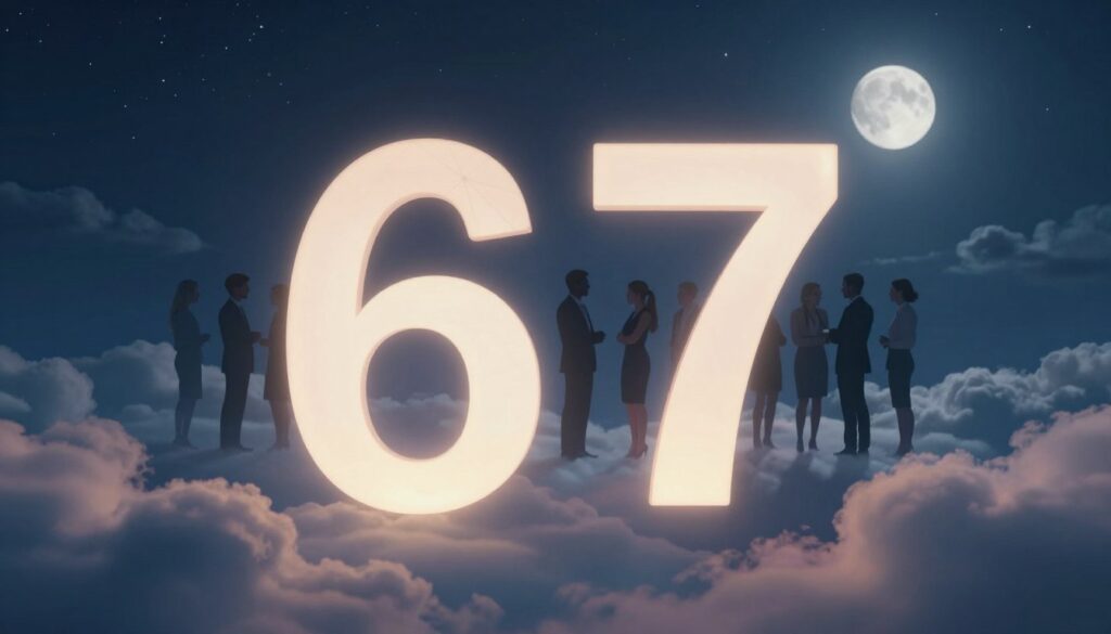 A dreamlike interpretation of the number 67, floating ethereally in a serene, night sky. In the foreground, the number glows softly with a luminescent effect, surrounded by wispy clouds that reflect a subtle spectrum of colors, hinting at deeper meanings. In the middle ground, a silhouette of a diverse group of people stands, engaged in thoughtful discussion, dressed in professional business attire to convey a sense of importance in human relationships. The background features a starry sky and a calm moon, casting gentle light on the scene, creating a tranquil yet introspective atmosphere. The overall mood is mystical and contemplative, emphasizing the significance of the number in interpersonal connections, with a subtle focus on harmony and understanding.