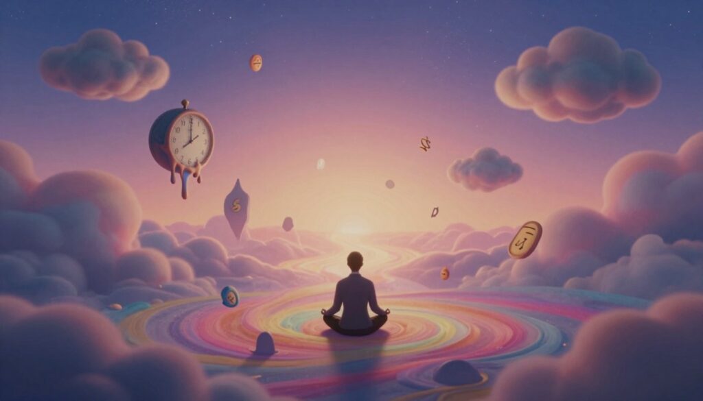A dreamlike landscape representing the subconscious mind, with swirling vibrant colors and soft, ethereal forms. In the foreground, there's a serene figure in professional attire, sitting cross-legged, meditating, surrounded by floating symbols like dreams, memories, and ambiguous shapes representing thoughts. In the middle ground, surreal dream elements like clocks melting, floating clouds, and glowing path leading deeper into the subconscious. The background features a soft, gradient sky transitioning into a starry night, creating a sense of mystery and depth. Soft, diffused lighting casts gentle shadows, enhancing the dreamlike atmosphere and evoking contemplation of the mind's hidden depths. Overall, the mood is tranquil yet profound, capturing the essence of subconscious exploration through dreams.