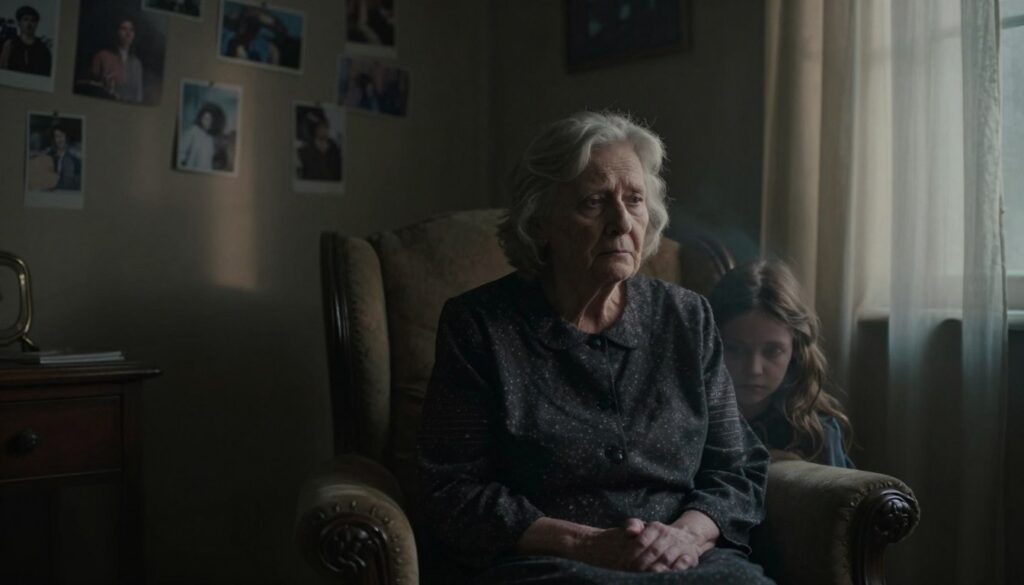 A dreamlike scene depicting a grandmother's negative motifs, set in a dimly lit room that embodies a sense of unease. In the foreground, an elderly woman sits in a vintage armchair, her expression contemplative yet troubled. A faint, ghostly silhouette of a young girl appears beside her, suggesting a past encounter, hinting at lingering regrets or unspoken fears. In the middle ground, the walls are lined with shadowy memories, blurred photographs, and dark, swirling patterns, evoking a sense of nostalgia intertwined with sorrow. The background features heavy curtains that block light, casting eerie shadows across the scene. The ambiance is moody and introspective, created using soft, diffused lighting that highlights the contrasts between light and dark, while a shallow depth of field focuses on the grandmother, enhancing the emotional weight of the image. A dreamlike scene depicting a grandmother's negative motifs, set in a dimly lit room that embodies a sense of unease. In the foreground, an elderly woman sits in a vintage armchair, her expression contemplative yet troubled. A faint, ghostly silhouette of a young girl appears beside her, suggesting a past encounter, hinting at lingering regrets or unspoken fears. In the middle ground, the walls are lined with shadowy memories, blurred photographs, and dark, swirling patterns, evoking a sense of nostalgia intertwined with sorrow. The background features heavy curtains that block light, casting eerie shadows across the scene. The ambiance is moody and introspective, created using soft, diffused lighting that highlights the contrasts between light and dark, while a shallow depth of field focuses on the grandmother, enhancing the emotional weight of the image.