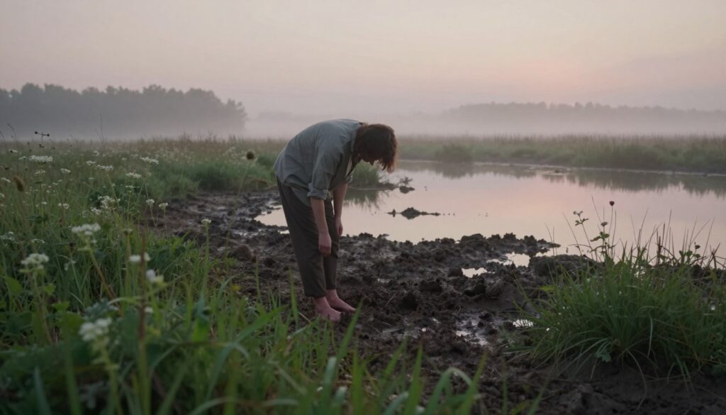 A dreamlike scene depicting a serene, misty marsh at dawn, where the focus is on a person in modest casual clothing, hunched over as if contemplating a deep thought while standing on the edge of a soft, muddy bank. In the foreground, vibrant greenery and delicate wildflowers frame the scene, contrasting with the subtle, muted browns and greens of the marsh. The middle ground reveals patches of rich, thick mud where the figure’s foot is gently resting, hinting at the idea of being stuck or engaged in a metaphorical struggle. In the background, low-hanging fog drifts over tranquil waters reflecting the pastel colors of the awakening sky. Natural, soft lighting enhances the peaceful yet introspective atmosphere, suggesting a moment of reflection and interpretation of dreams.