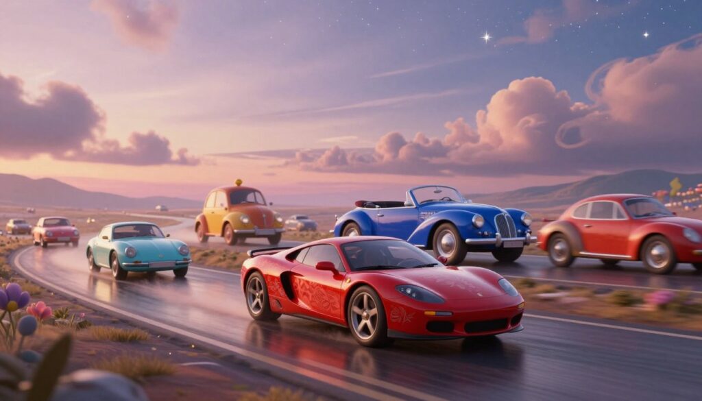 A dreamlike scene featuring a variety of colorful cars gliding through an ethereal landscape. In the foreground, a sleek red sports car with intricate patterns reflects the soft, surreal lighting that bathes the scene in warm hues. The middle layer showcases an elegant vintage convertible in a deep blue, while whimsical vehicles of assorted shapes and colors dart around, creating a sense of motion. The background is a fantastical twilight sky filled with swirling clouds and shimmering stars, enhancing the dream atmosphere. Gentle reflections of the cars appear on a tranquil, winding road that seems to lead into the unknown. The overall mood is tranquil yet exhilarating, inviting viewers to explore the depths of their dreams.