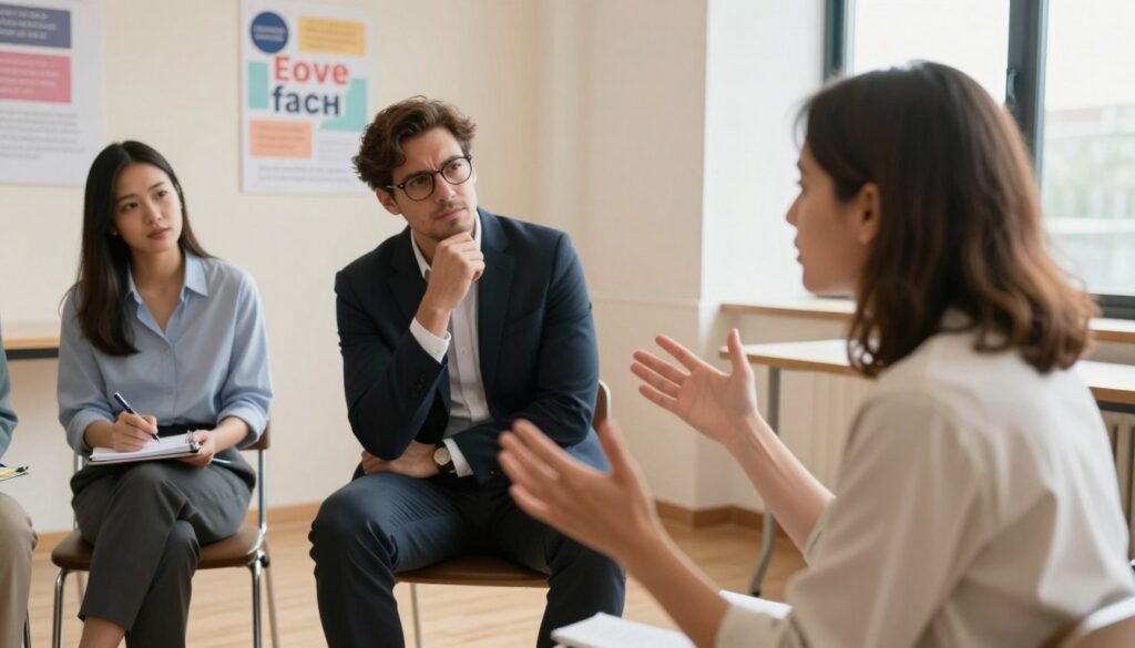 A dynamic scene illustrating a group of three diverse, professional individuals engaged in an emotional workshop. In the foreground, a woman with medium-length brown hair is actively leading a discussion, her expressive gestures conveying passion and determination. In the middle ground, a man with glasses in a smart business attire appears contemplative, listening intently, while another participant, a young Asian woman, takes notes with a determined expression. The setting is a well-lit room with warm lighting, exuding a supportive and immersive atmosphere, decorated with soft colors and motivational posters. The camera angle is slightly elevated, capturing the intensity of their interaction while providing a glimpse of a large window in the background, symbolizing openness and the potential for emotional growth. A dynamic scene illustrating a group of three diverse, professional individuals engaged in an emotional workshop. In the foreground, a woman with medium-length brown hair is actively leading a discussion, her expressive gestures conveying passion and determination. In the middle ground, a man with glasses in a smart business attire appears contemplative, listening intently, while another participant, a young Asian woman, takes notes with a determined expression. The setting is a well-lit room with warm lighting, exuding a supportive and immersive atmosphere, decorated with soft colors and motivational posters. The camera angle is slightly elevated, capturing the intensity of their interaction while providing a glimpse of a large window in the background, symbolizing openness and the potential for emotional growth.
