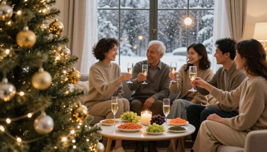 A festive New Year celebration in a cozy living room setting, featuring a beautifully decorated tree adorned with gold and silver ornaments and twinkling fairy lights. In the foreground, a small table is set with traditional foods and drinks from various cultures, symbolizing good luck, such as lentils, grapes, and champagne. The middle ground includes elegantly dressed adults toasting with glasses, wearing smart casual attire, exuding happiness and warmth. In the background, large windows reveal a softly falling snow outside, illuminated by the glow of streetlights. The atmosphere is joyful and inviting, with a soft golden light creating a warm glow throughout the scene. Capture this moment with a slight lens blur for a dreamy effect, focusing on the joy and traditions associated with welcoming a prosperous New Year. A festive New Year celebration in a cozy living room setting, featuring a beautifully decorated tree adorned with gold and silver ornaments and twinkling fairy lights. In the foreground, a small table is set with traditional foods and drinks from various cultures, symbolizing good luck, such as lentils, grapes, and champagne. The middle ground includes elegantly dressed adults toasting with glasses, wearing smart casual attire, exuding happiness and warmth. In the background, large windows reveal a softly falling snow outside, illuminated by the glow of streetlights. The atmosphere is joyful and inviting, with a soft golden light creating a warm glow throughout the scene. Capture this moment with a slight lens blur for a dreamy effect, focusing on the joy and traditions associated with welcoming a prosperous New Year.