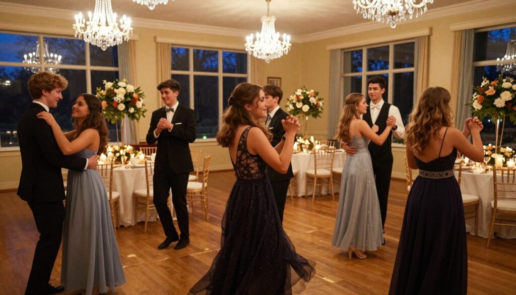 A festive high school prom scene, depicting students engaged in celebratory activities in an elegant ballroom. In the foreground, a diverse group of students dressed in formal attire, exemplifying joy and excitement, dancing together under sparkling chandeliers. The middle ground features elegantly set tables adorned with beautiful floral arrangements and soft candlelight, creating a warm and inviting atmosphere. In the background, large windows reveal a starlit night sky, enhancing the enchanting ambiance. The lighting is soft and romantic, casting a golden glow over the scene, while the camera angle captures the dynamic movement of the dance floor, emphasizing the sense of togetherness and anticipation for future exams. The overall mood is cheerful and hopeful, symbolizing tradition and good fortune.