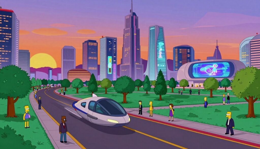 A futuristic city skyline at dusk, showcasing advanced technology and innovative architecture inspired by the animated series "The Simpsons." In the foreground, a sleek, flying vehicle zips past as people dressed in professional business attire stroll along a vibrant, high-tech boulevard. The middle ground features illuminated skyscrapers with holographic advertisements and large digital screens displaying futuristic concepts. A lush green park with robotic trees adds a touch of nature, seamlessly blending technology with the environment. The background is filled with a colorful sunset, casting a warm glow over the city. Use a wide-angle lens to capture the grandeur of the scene, emphasizing the blend of creativity and technology. The atmosphere is lively, optimistic, and bustling with innovation, inviting viewers to ponder the technological visions of the series creators.