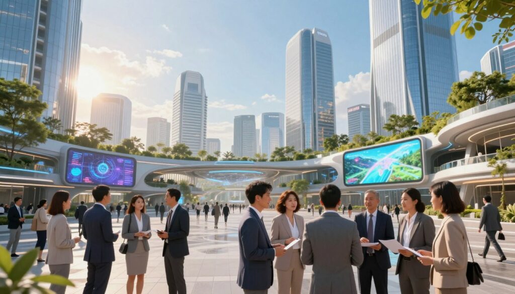 A futuristic cityscape depicting the year 2026 in June, showcasing advanced architecture with sleek, glass towers and greenery integrated into urban spaces. In the foreground, a diverse group of professionals in business attire is engaged in a collaborative discussion, symbolizing global cooperation and innovation. The middle ground features a bustling plaza with digital screens displaying abstract visions of future technology and sustainability. In the background, a clear blue sky with soft, warm sunlight casts an inviting glow over the scene, creating a hopeful and vibrant atmosphere. Use a wide-angle lens perspective to capture the bustling energy of this forward-thinking environment. The overall mood should be optimistic and inspiring, reflecting the potential of the future.