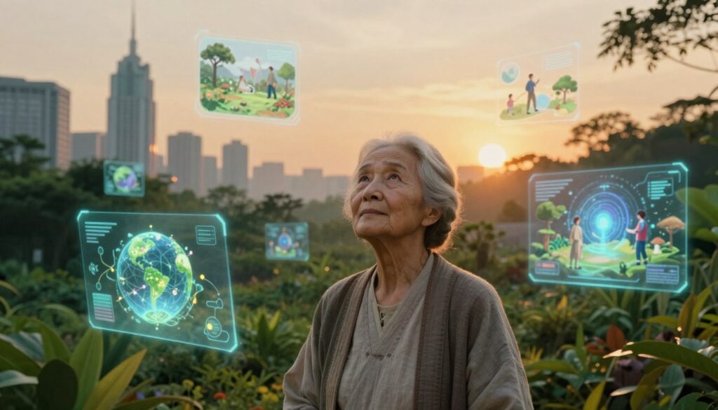 A futuristic landscape representing the prophecies about humanity's future. In the foreground, a wise, elderly woman with a gentle expression, dressed in modest, traditional attire, gazes upwards, symbolizing foresight. Surrounding her are various holographic images projecting possible futures: a thriving city with green technology, people connecting through advanced communication means, and a serene natural environment coexisting with urban life. The middle ground features lush vegetation intertwined with elements of technology, depicting harmony between nature and progress. In the background, a vibrant sunset casts warm, golden hues, evoking a hopeful and contemplative atmosphere. The scene has soft, diffused lighting, creating an ethereal quality, with a slightly low-angle perspective to emphasize the wisdom of the central figure. A futuristic landscape representing the prophecies about humanity's future. In the foreground, a wise, elderly woman with a gentle expression, dressed in modest, traditional attire, gazes upwards, symbolizing foresight. Surrounding her are various holographic images projecting possible futures: a thriving city with green technology, people connecting through advanced communication means, and a serene natural environment coexisting with urban life. The middle ground features lush vegetation intertwined with elements of technology, depicting harmony between nature and progress. In the background, a vibrant sunset casts warm, golden hues, evoking a hopeful and contemplative atmosphere. The scene has soft, diffused lighting, creating an ethereal quality, with a slightly low-angle perspective to emphasize the wisdom of the central figure.