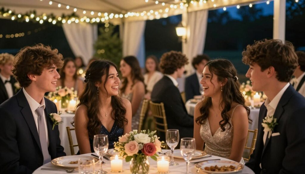 A group of high school students preparing for their prom night, dressed in elegant suits and beautiful gowns, gathered around a beautifully decorated venue with twinkling fairy lights and festive decorations. The foreground shows a trio of students engaged in lively conversation, laughter on their faces, reflecting excitement and anticipation. In the middle, tables are adorned with floral centerpieces and candlelight, creating a warm, inviting atmosphere. In the background, the soft glow of string lights adds a magical ambiance, hinting at a starry night. The scene is illuminated with soft, warm lighting, mimicking the golden hour, while the camera angle captures the interplay of emotions and traditions surrounding the event, embodying hope and the significance of the upcoming graduation.