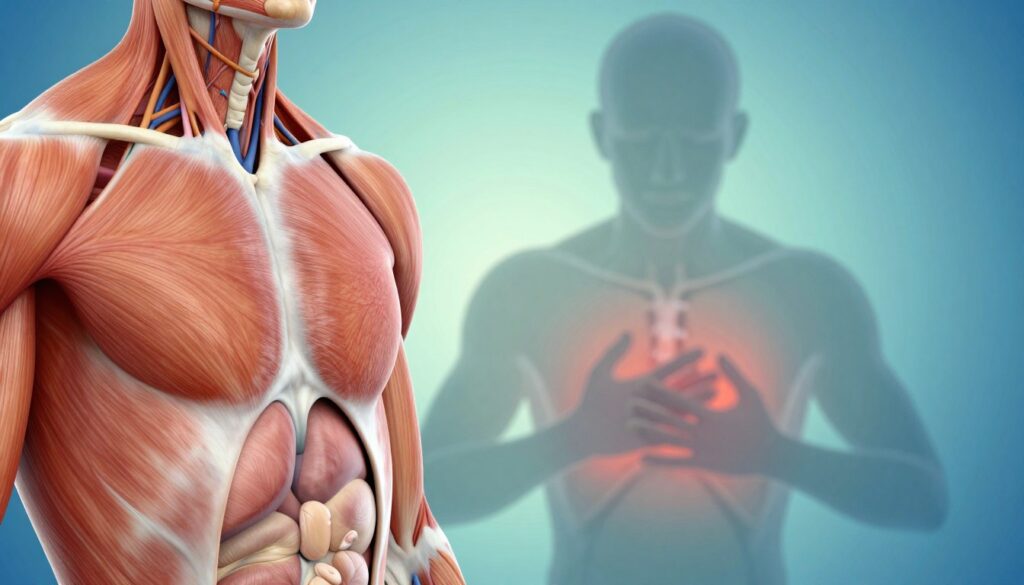 A human diaphragm highlighted in an anatomical illustration, showcasing the muscle’s intricate structure and function. The foreground features realistic renditions of the diaphragm against a clear backdrop, revealing the associated nerves and surrounding organs in soft focus. The middle ground subtly displays a silhouette of a person holding their chest, illustrating the physiological impact of diaphragm spasms, with a pained expression. The background is a gradient of soothing blues and greens, creating a calm atmosphere to contrast with the intense topic. Soft lighting enhances the detail on the diaphragm and the silhouette, while a slight lens blur adds depth. The image evokes a sense of curiosity and understanding of the body's response to sudden diaphragm contractions. A human diaphragm highlighted in an anatomical illustration, showcasing the muscle’s intricate structure and function. The foreground features realistic renditions of the diaphragm against a clear backdrop, revealing the associated nerves and surrounding organs in soft focus. The middle ground subtly displays a silhouette of a person holding their chest, illustrating the physiological impact of diaphragm spasms, with a pained expression. The background is a gradient of soothing blues and greens, creating a calm atmosphere to contrast with the intense topic. Soft lighting enhances the detail on the diaphragm and the silhouette, while a slight lens blur adds depth. The image evokes a sense of curiosity and understanding of the body's response to sudden diaphragm contractions.