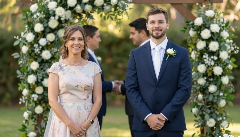 A joyful outdoor wedding scene featuring two wedding witnesses standing proudly beside the couple. The foreground displays the witnesses, a man and a woman, dressed in elegant, professional attire. The man wears a tailored navy suit with a crisp white shirt and tie, while the woman is in a stylish, knee-length pastel dress with subtle floral patterns. In the middle ground, the couple exchanges vows, surrounded by lush greenery and decorative flowers, symbolizing love and unity. The background includes a beautifully arranged arch adorned with white roses and greenery, with soft sunlight filtering through the trees, creating a warm, inviting atmosphere. The scene conveys a sense of celebration and tradition, reflecting the importance of the wedding witnesses in bringing good fortune to the newlyweds.