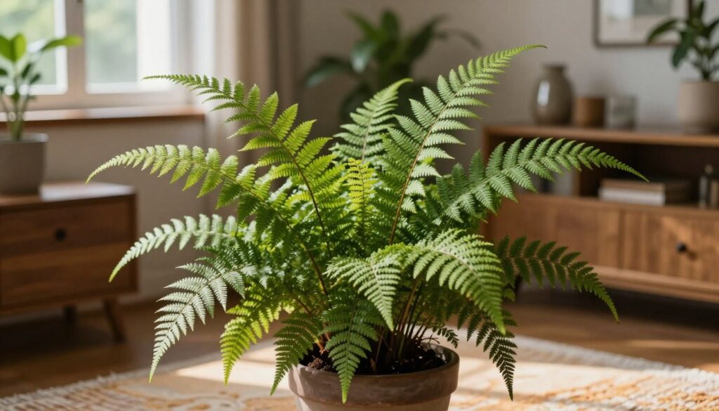 A lush, green "paproć" (fern) plant thriving in an elegantly decorated living room, symbolizing protection and positive energy. In the foreground, the fern's delicate fronds unfurl gracefully, showcasing intricate leaf patterns illuminated by soft, natural sunlight filtering through a nearby window. In the middle background, tasteful decor elements include wooden furniture and a warm-toned rug that complement the vibrant greens of the plant. The atmosphere is serene and inviting, evoking a sense of tranquility and cultural significance tied to superstitions surrounding houseplants. The scene is artfully composed with a shallow depth of field, highlighting the fern while subtly blurring the background. Aim for a cozy, harmonious mood that reflects the fern's role in home protection and well-being.