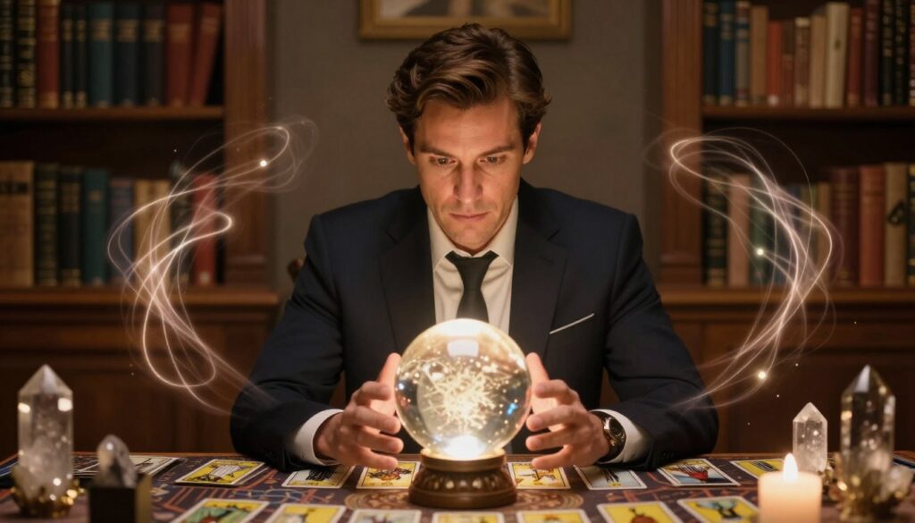 A medium shot of a male clairvoyant, dressed in professional business attire, seated at a beautifully decorated table adorned with tarot cards and crystals, suggesting mysticism and wisdom. His expression is contemplative yet engaging, as he gazes thoughtfully into a crystal ball illuminated by soft, warm lighting. Surrounding him, ethereal wisps of light form patterns, creating an enchanting atmosphere. In the background, blurred shelves lined with books on psychology and prophecy provide context, enhancing the scene's relevance. The overall mood is intriguing and insightful, inviting viewers to ponder the phenomenon of popularity surrounding clairvoyants. The angle is slightly elevated, focusing on the subject while ensuring the background remains harmonious and unobtrusive. A medium shot of a male clairvoyant, dressed in professional business attire, seated at a beautifully decorated table adorned with tarot cards and crystals, suggesting mysticism and wisdom. His expression is contemplative yet engaging, as he gazes thoughtfully into a crystal ball illuminated by soft, warm lighting. Surrounding him, ethereal wisps of light form patterns, creating an enchanting atmosphere. In the background, blurred shelves lined with books on psychology and prophecy provide context, enhancing the scene's relevance. The overall mood is intriguing and insightful, inviting viewers to ponder the phenomenon of popularity surrounding clairvoyants. The angle is slightly elevated, focusing on the subject while ensuring the background remains harmonious and unobtrusive.