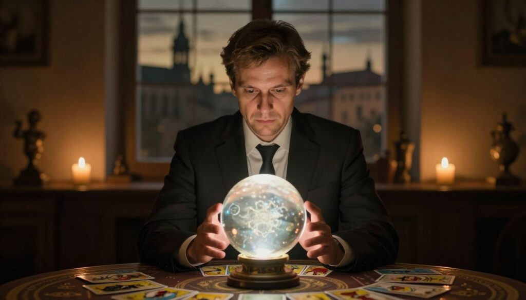 A medium shot of a male clairvoyant, inspired by Krzysztof Jackowski, seated at a round table in a dimly lit room. He is wearing professional business attire, with a focused expression as he gazes into a crystal ball, which emits a soft, ethereal glow. Surrounding him are mystical symbols and tarot cards, softly illuminated by flickering candlelight. In the background, shadowy silhouettes of Poland's iconic landmarks can be vaguely seen through a large window, hinting at the country’s future. The atmosphere is enigmatic yet contemplative, with warm tones dominating the scene, creating a sense of anticipation and mystery about the visions of the future. The lens focuses closely on his face, capturing the intensity of his insight. A medium shot of a male clairvoyant, inspired by Krzysztof Jackowski, seated at a round table in a dimly lit room. He is wearing professional business attire, with a focused expression as he gazes into a crystal ball, which emits a soft, ethereal glow. Surrounding him are mystical symbols and tarot cards, softly illuminated by flickering candlelight. In the background, shadowy silhouettes of Poland's iconic landmarks can be vaguely seen through a large window, hinting at the country’s future. The atmosphere is enigmatic yet contemplative, with warm tones dominating the scene, creating a sense of anticipation and mystery about the visions of the future. The lens focuses closely on his face, capturing the intensity of his insight.
