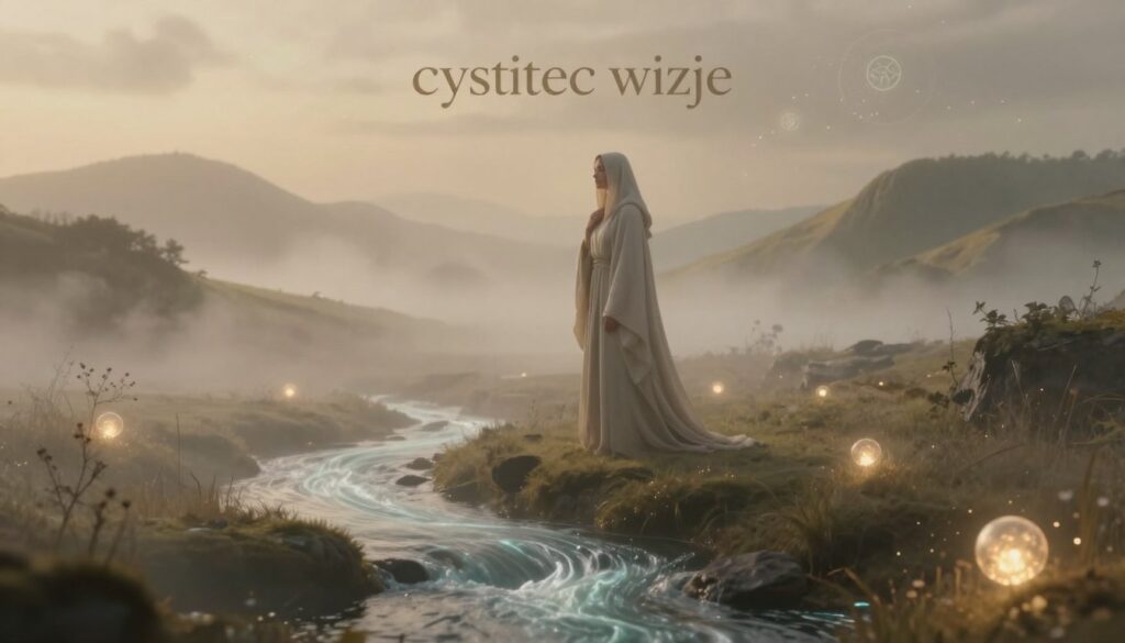 A mystical and serene representation of "czyściec wizje," focusing on an ethereal landscape that embodies the afterlife mysteries. In the foreground, a gentle stream of luminous, swirling mist flows around soft, glowing orbs symbolizing spirits. The middle layer features a serene, cloaked figure, representing the mystic, gazing thoughtfully at the visions manifesting around her. She wears modest, flowing robes that blend with the surrounding fog, emphasizing tranquility. The background reveals a dreamlike realm with softly illuminated, mist-covered hills and faint celestial shapes. The lighting is soft and warm, creating an otherworldly glow, with highlights accentuating the gentle contours of the landscape. The mood is contemplative and peaceful, inviting viewers into a world of spiritual reflection and insight. A mystical and serene representation of "czyściec wizje," focusing on an ethereal landscape that embodies the afterlife mysteries. In the foreground, a gentle stream of luminous, swirling mist flows around soft, glowing orbs symbolizing spirits. The middle layer features a serene, cloaked figure, representing the mystic, gazing thoughtfully at the visions manifesting around her. She wears modest, flowing robes that blend with the surrounding fog, emphasizing tranquility. The background reveals a dreamlike realm with softly illuminated, mist-covered hills and faint celestial shapes. The lighting is soft and warm, creating an otherworldly glow, with highlights accentuating the gentle contours of the landscape. The mood is contemplative and peaceful, inviting viewers into a world of spiritual reflection and insight.