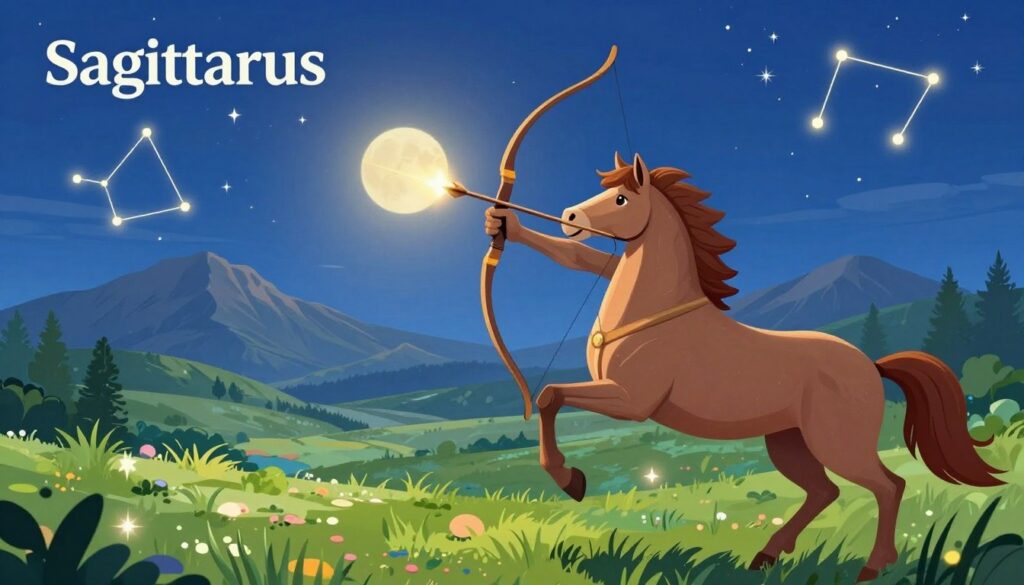 A mystical and vibrant scene symbolizing the astrological sign Sagittarius for a weekly horoscope theme. In the foreground, a majestic centaur archer aiming a glowing arrow towards the sky, representing ambition and forward movement. The middle ground features a lush, green landscape dotted with ethereal celestial elements—twinkling stars and constellations visible in a deep blue night sky. The background showcases distant mountains under a soft, radiant moonlight, evoking a sense of serenity and alignment with the cosmos. Use warm lighting to create an inviting, optimistic atmosphere, and shoot from a slightly low angle to emphasize the archer’s dynamic pose. The overall mood is hopeful and invigorating, capturing the energetic essence of Sagittarius for the week ahead.