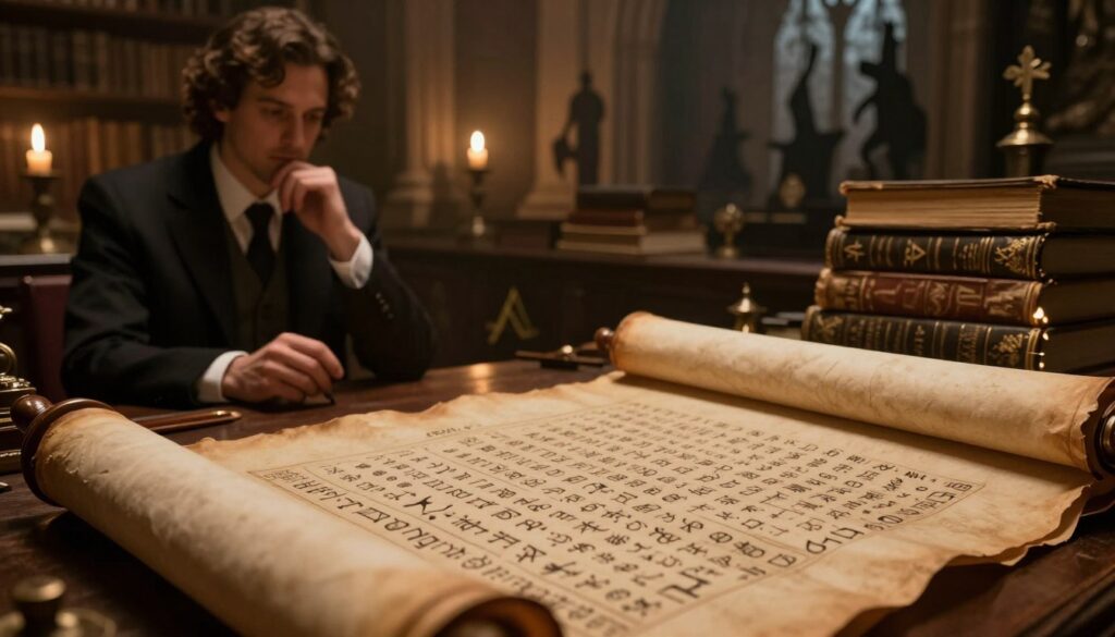 A mystical, atmospheric scene depicting the concept of "world prophecies." In the foreground, a richly detailed ancient scroll is partially unrolled, its surface inscribed with cryptic symbols and ominous predictions. To the left, a figure dressed in professional attire, representing a modern-day scholar or Mason, studies the scroll intently, with a thoughtful expression. The middle ground features a dimly lit library filled with stacks of old, dusty tomes and artifacts of Freemasonry, creating an air of secrecy and intrigue. The background reveals shadowy silhouettes of architectural elements, reminiscent of Masonic temples, softly illuminated by candlelight. The lighting is warm and mysterious, enhancing the mood of contemplation and discovery, with a focus on depth and texture. Use a cinematic angle to give a dramatic perspective, inviting viewers into this enigmatic world of prophecy.