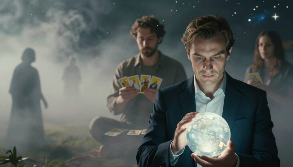 A mystical comparison of clairvoyant visions, featuring a split scene illustrating Jackowski and other well-known prophets. In the foreground, depict Jackowski, dressed in professional attire, with a focused expression, holding a glowing crystal ball. On one side, show abstract representations of his predictions, like shadowy figures or landscapes hinting at events, shrouded in fog. In the middle ground, include another clairvoyant, clad in modest casual clothing, similarly engaged in a prophetic act with tarot cards. The background should blend ethereal elements, such as twinkling stars and swirling clouds, creating an atmospheric blend of mystery and foresight. Use soft, ambient lighting to enhance the otherworldly feel, capturing a sense of intrigue and contemplation in the composition. A mystical comparison of clairvoyant visions, featuring a split scene illustrating Jackowski and other well-known prophets. In the foreground, depict Jackowski, dressed in professional attire, with a focused expression, holding a glowing crystal ball. On one side, show abstract representations of his predictions, like shadowy figures or landscapes hinting at events, shrouded in fog. In the middle ground, include another clairvoyant, clad in modest casual clothing, similarly engaged in a prophetic act with tarot cards. The background should blend ethereal elements, such as twinkling stars and swirling clouds, creating an atmospheric blend of mystery and foresight. Use soft, ambient lighting to enhance the otherworldly feel, capturing a sense of intrigue and contemplation in the composition.