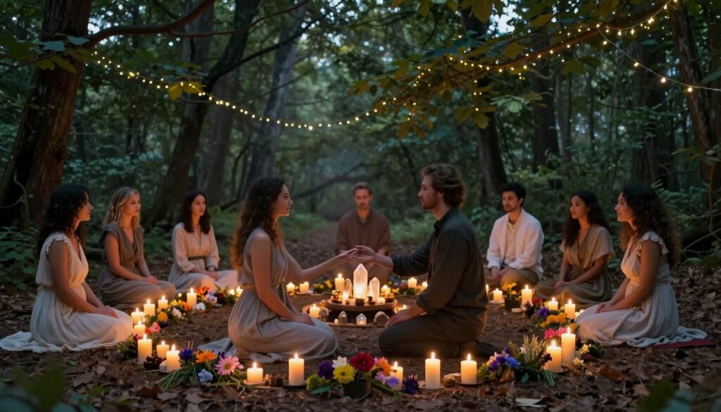 A mystical love ritual scene set in a softly lit forest at dusk, where a diverse group of individuals, dressed in elegant and modest attire, gather around a circular arrangement of candles and aromatic herbs. In the foreground, a woman and a man stand facing each other, holding hands with serene expressions, while colorful flowers decorate the ground around them. The middle ground features a small altar adorned with crystals and incense, exuding a warm, inviting glow. The background showcases tall trees, their leaves gently rustling in the breeze, with twinkling fairy lights hanging from the branches, adding a magical touch. The atmosphere is serene and contemplative, creating a sense of connection and harmony, ideal for exploring the themes of love and intention. A mystical love ritual scene set in a softly lit forest at dusk, where a diverse group of individuals, dressed in elegant and modest attire, gather around a circular arrangement of candles and aromatic herbs. In the foreground, a woman and a man stand facing each other, holding hands with serene expressions, while colorful flowers decorate the ground around them. The middle ground features a small altar adorned with crystals and incense, exuding a warm, inviting glow. The background showcases tall trees, their leaves gently rustling in the breeze, with twinkling fairy lights hanging from the branches, adding a magical touch. The atmosphere is serene and contemplative, creating a sense of connection and harmony, ideal for exploring the themes of love and intention.