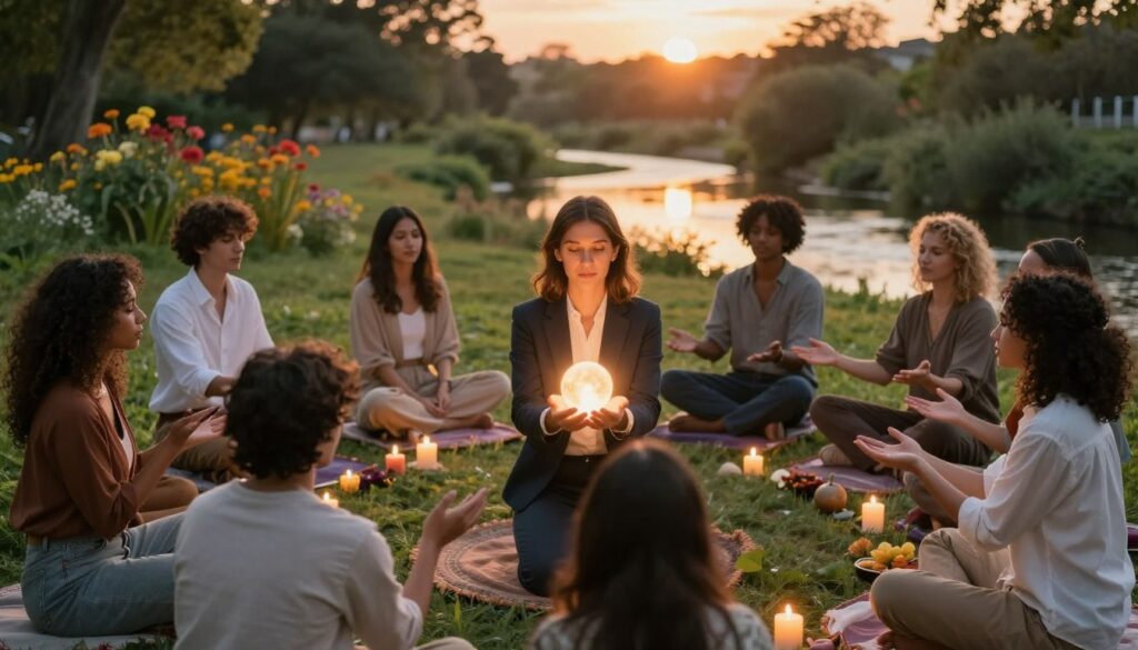A mystical ritual scene set in a serene natural environment, showcasing a diverse group of individuals engaged in a powerful reconnecting ceremony. In the foreground, a central figure, a woman in professional business attire, is holding a glowing orb of light, symbolizing energy and intention. Surrounding her, participants of varying ethnicities and genders, dressed in modest casual clothing, are seated in a circle, their hands outstretched towards the orb. The middle ground features gently flickering candles and natural elements like flowers and stones, enhancing the atmosphere. In the background, soft, vibrant foliage and a gentle stream reflect a serene sunset, casting warm golden-hour lighting across the scene. The mood is contemplative and hopeful, evoking a sense of unity and balance within relationships. A mystical ritual scene set in a serene natural environment, showcasing a diverse group of individuals engaged in a powerful reconnecting ceremony. In the foreground, a central figure, a woman in professional business attire, is holding a glowing orb of light, symbolizing energy and intention. Surrounding her, participants of varying ethnicities and genders, dressed in modest casual clothing, are seated in a circle, their hands outstretched towards the orb. The middle ground features gently flickering candles and natural elements like flowers and stones, enhancing the atmosphere. In the background, soft, vibrant foliage and a gentle stream reflect a serene sunset, casting warm golden-hour lighting across the scene. The mood is contemplative and hopeful, evoking a sense of unity and balance within relationships.