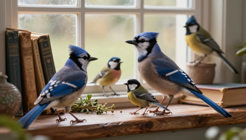 A mystical scene capturing the significance of birds in home divination, featuring various bird species perched on a rustic wooden windowsill. In the foreground, vibrant birds such as a blue jay, finch, and sparrow are depicted with intricate feather details and lively expressions, symbolizing different meanings. The middle ground showcases a cozy living space adorned with ancient books and herbs, creating a connection between nature and home. The background features soft, warm sunlight streaming through the window, casting gentle shadows and creating a serene atmosphere. The composition should evoke a sense of wonder and curiosity, inviting viewers to explore the interpretations of bird appearances in domestic settings. The overall mood is enchanting and reflective, highlighting the cultural significance of birds in folklore.