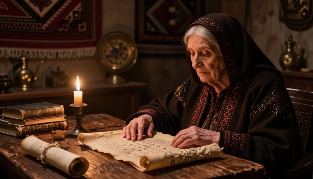 A mystical scene depicting Baba Wanga, the renowned Bulgarian clairvoyant, seated at a rustic wooden table filled with ancient scrolls and books. In the foreground, her wise, aged face shows a deep expression of contemplation, her hands gently resting on an open scroll revealing cryptic symbols and prophecies. In the middle ground, a dimly lit candle flickers, casting dancing shadows that evoke an air of mystery. The background features a darkened room adorned with traditional Bulgarian elements such as woven fabrics and vintage artifacts, creating an ancient and mystical ambiance. Soft, warm lighting envelops the scene, enhancing the feeling of enigma and wisdom. The mood is contemplative and thought-provoking, illustrating the powerful impact of her predictions. A mystical scene depicting Baba Wanga, the renowned Bulgarian clairvoyant, seated at a rustic wooden table filled with ancient scrolls and books. In the foreground, her wise, aged face shows a deep expression of contemplation, her hands gently resting on an open scroll revealing cryptic symbols and prophecies. In the middle ground, a dimly lit candle flickers, casting dancing shadows that evoke an air of mystery. The background features a darkened room adorned with traditional Bulgarian elements such as woven fabrics and vintage artifacts, creating an ancient and mystical ambiance. Soft, warm lighting envelops the scene, enhancing the feeling of enigma and wisdom. The mood is contemplative and thought-provoking, illustrating the powerful impact of her predictions.